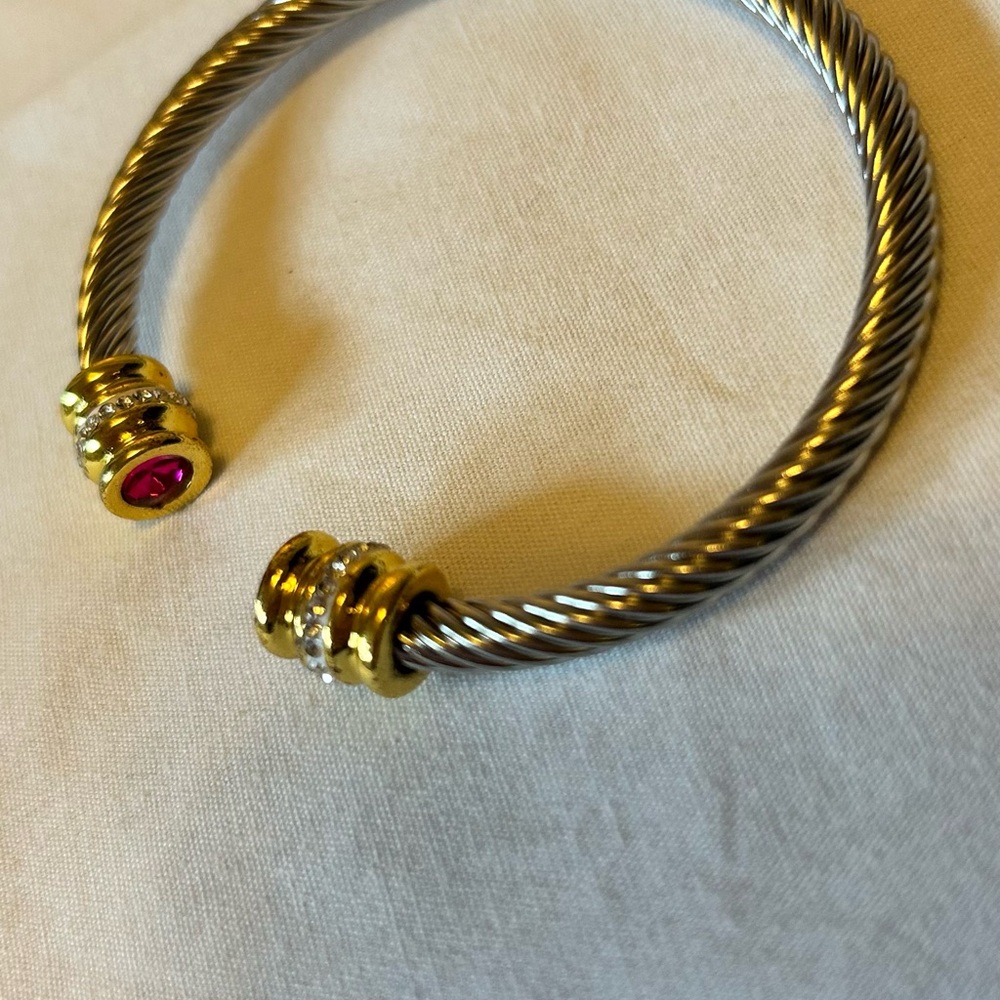 Gold and Silver Cable Bracelet with Red Accent